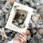 Christmas photo geometric gold modern holiday card<br><div class="desc">Modern,  elegant Christmas card,  with a faux gold geometric photo frame. Decorated with pine and cones. Personalize and add your family name.  Merry Christmas written with a trendy handlettered style script.</div>