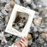 Christmas photo geometric gold modern holiday card<br><div class="desc">Modern,  elegant Christmas card,  with a faux gold geometric photo frame. Personalize and add your family name.  Merry Christmas written with a trendy handlettered style script.</div>