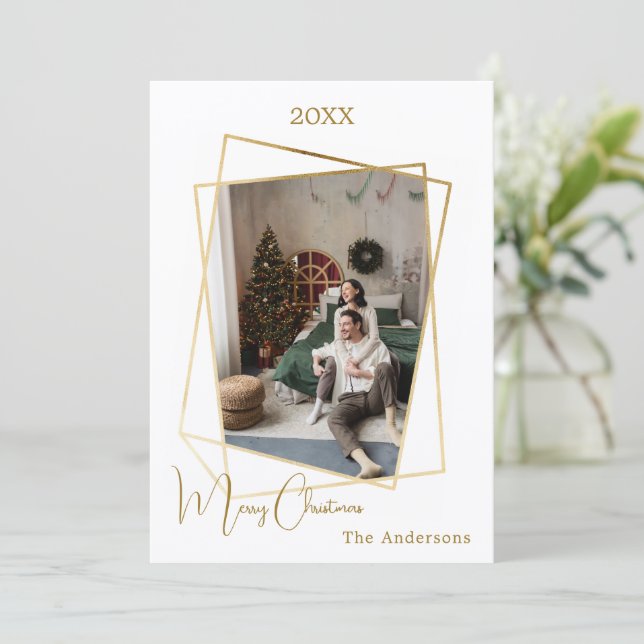 Christmas photo geometric gold modern holiday card (Standing Front)