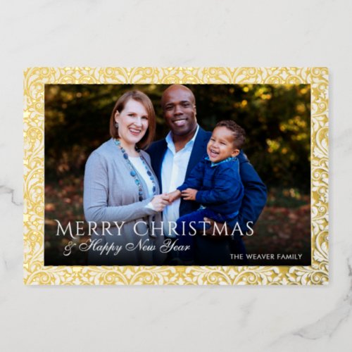 Christmas Photo Gold Foil Damask Holiday Card