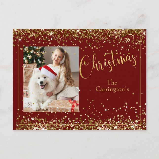 Christmas Photo Gold Glitter Script Holiday Postcard (Front)