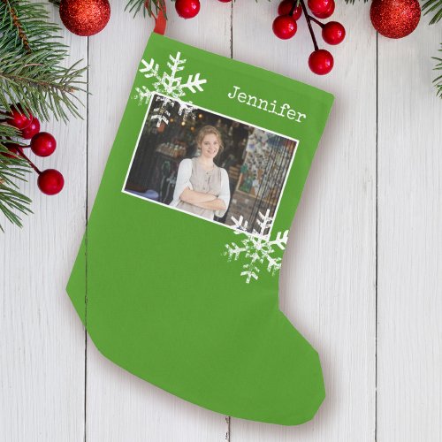 Christmas Photo Green Distressed Snowflakes Small Christmas Stocking