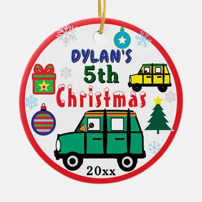 Christmas PHOTO Green Yellow Cars Boy Ceramic Ornament (Front)