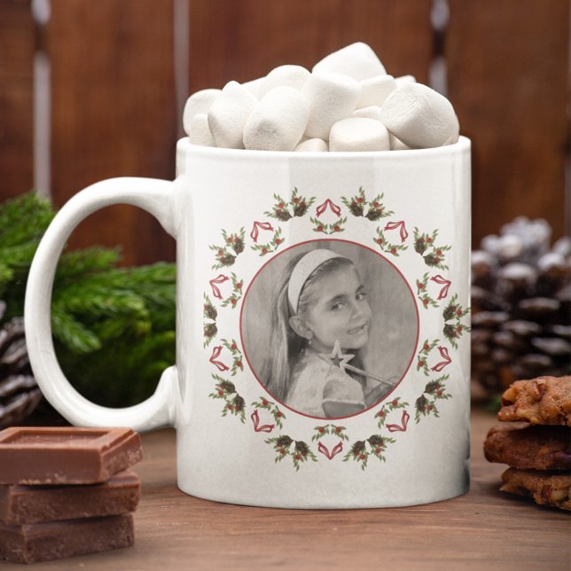 Christmas Photo Greenery Foliage Giant Coffee Mug (Elegant Christmas red and green photo mug)