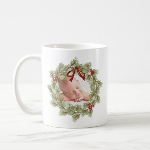Christmas Photo Greenery Wreath Holly Berries  Coffee Mug