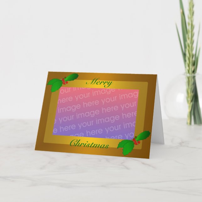 Christmas Photo Greeting Card Gold Trim with Holly (Front)
