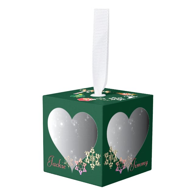 Christmas Photo Heart Frames Cube Ornament (Front Angled)