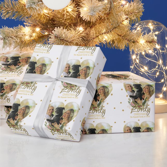 Christmas Photo Heart Gold Glitter Stars Lovely Wrapping Paper (Holidays)