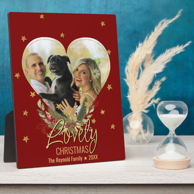 Christmas Photo Heart Lovely Gold Glitter Star Red Plaque (Side)