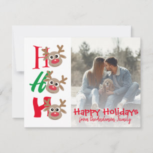 Christmas Photo Ho Ho Ho Cartoon Reindeer White Holiday Card