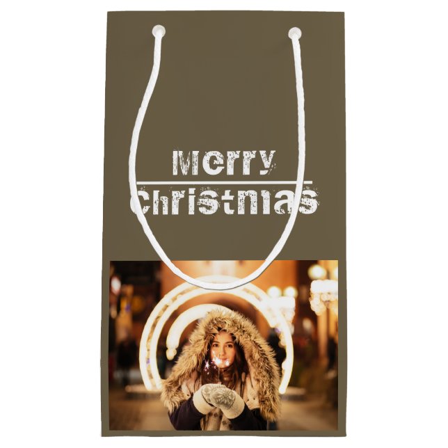 Christmas Photo Holiday Modern Gray Small Gift Bag (Front)