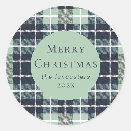 Christmas Photo Holiday Navy Mint Plaid  Classic Round Sticker