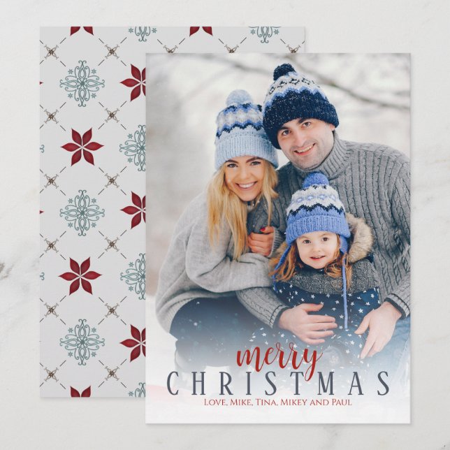 Christmas Photo Holiday Red Blue Elegant Pattern Card (Front/Back)