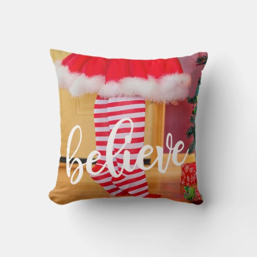 Christmas Photo Holiday Red Stripe Believe Throw Pillow