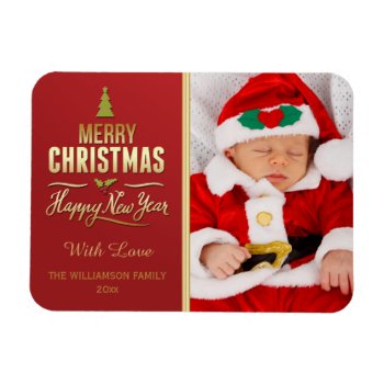 Christmas Photo Holiday Typography Red Gold Magnet by JK_Graphics at Zazzle