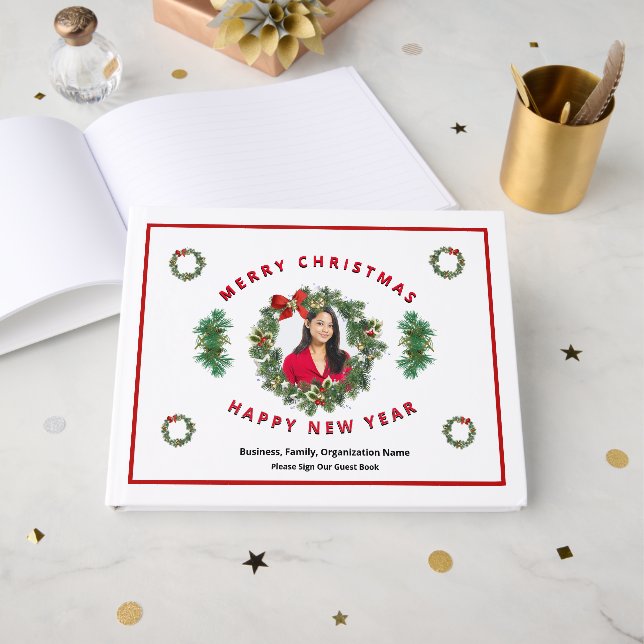 Christmas Photo Holidays New Year Wreath Custom Guest Book (Front Open)