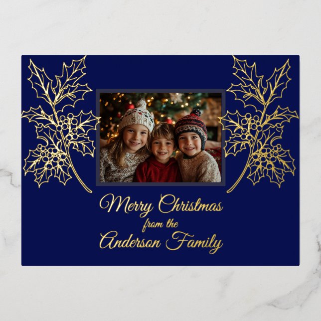 Christmas Photo Holly Branches Blue Botanical  Foil Holiday Postcard (Front)