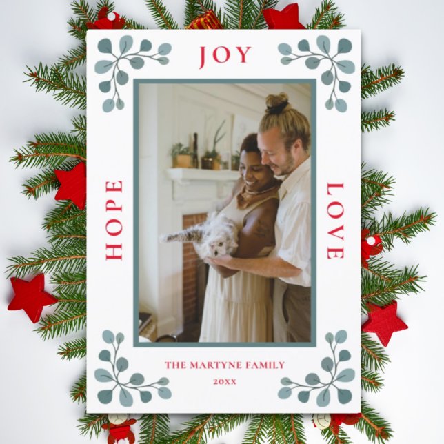 Christmas Photo Hope Joy Love Eucalyptus Leaves Ho Holiday Card (Creator Uploaded)