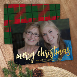 Christmas Photo horizontal Merry Christmas Plaid Foil Holiday Card
