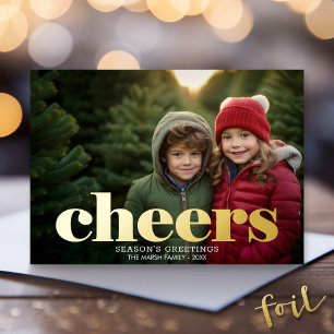 Christmas Photo Horizontal Script Gold cheers Foil Holiday Card