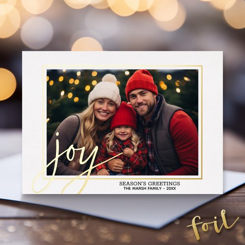Christmas Photo Horizontal Script Gold JOY in real Foil Holiday Card