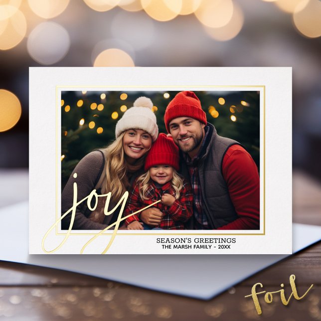 Christmas Photo Horizontal Script Gold JOY in real Foil Holiday Card (Gold Foil Christmas Photo Card - Modern Holiday Greeting)