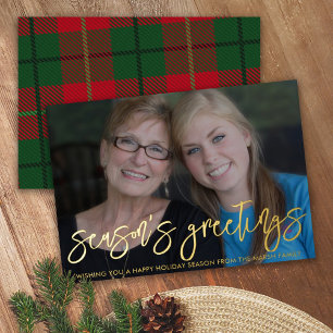 Christmas Photo horizontal Season's Greeting Plaid Foil Holiday Card