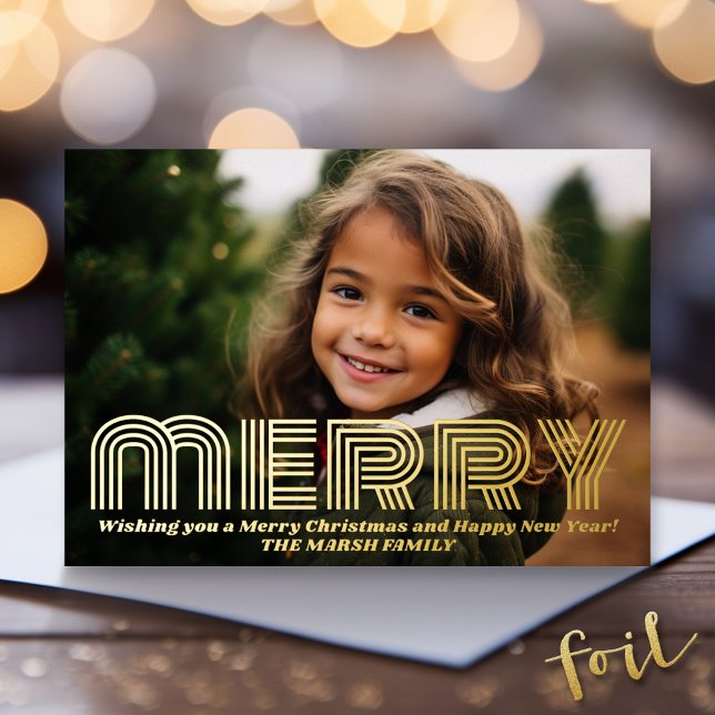 Christmas Photo - horizontal with Gold MERRY Foil Holiday Card (Foil Holiday Greeting Card - Modern Christmas )