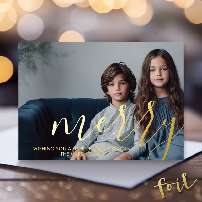 Christmas Photo - horizontal with Gold MERRY Foil Holiday Card (Gold Foil Christmas Photo Card - Modern Holiday Greeting)