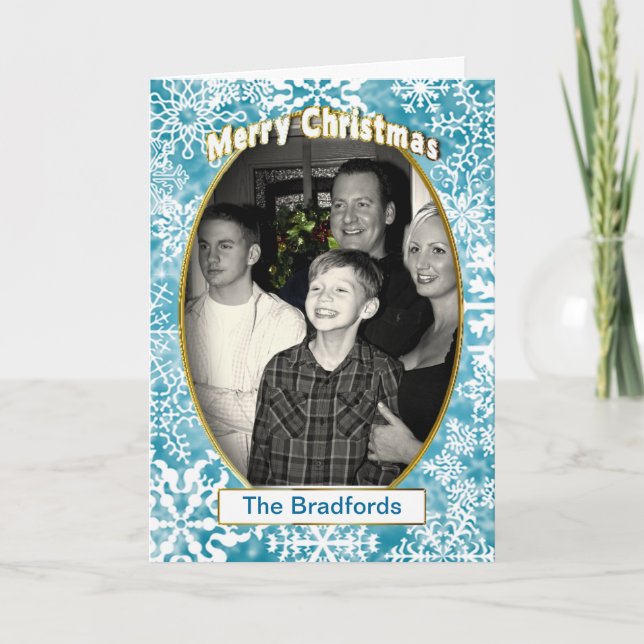 CHRISTMAS PHOTO INSERT BLUE SNOWFLAKES GREETING HOLIDAY CARD (Front)