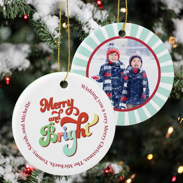 Christmas Photo Merry and Bright Custom Ceramic Ornament (Merry and Bright colorful retro style photo ornaments. )
