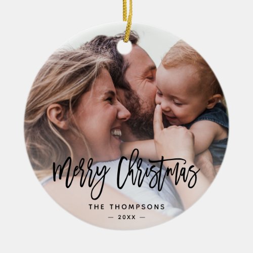 Christmas Photo Minimal Modern Holiday Script Ceramic Ornament