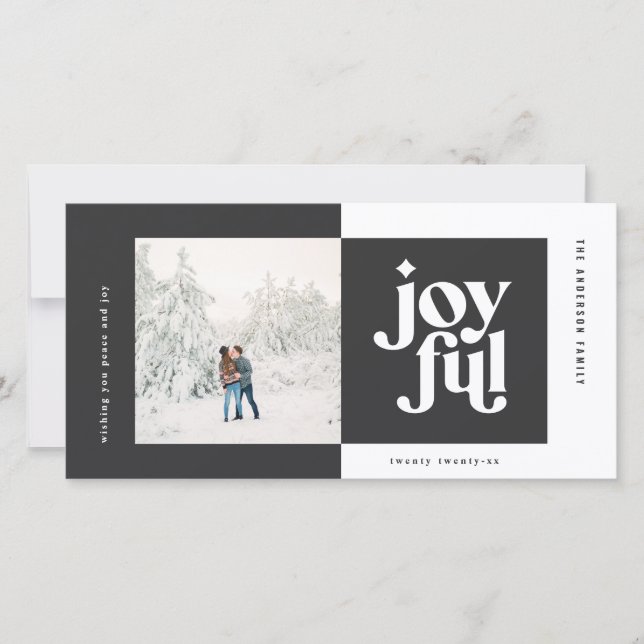 Christmas photo modern joyful typography black holiday card (Front)