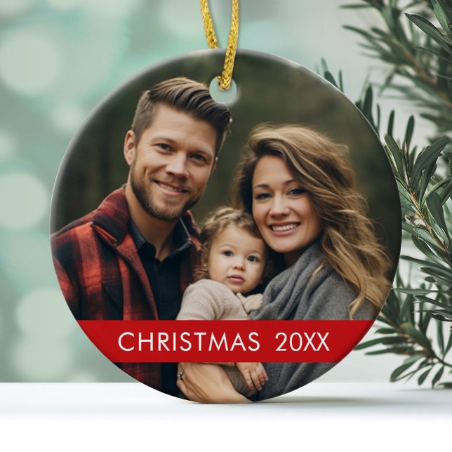 Christmas Photo Modern Minimal with Trendy Red Ceramic Ornament (A modern, minimalist photo ornament with a red accent and white type)