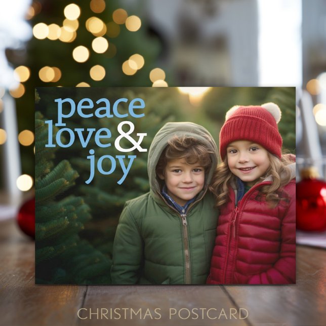 Christmas Photo - Modern Peace Love and Joy Holiday Postcard (A simple holiday postcard with one full coverage photo on the front. Subject to the right)