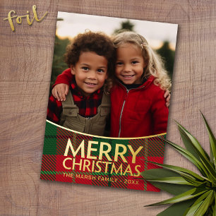 Christmas Photo - Modern Red Green Plaid - Gold Foil Holiday Card