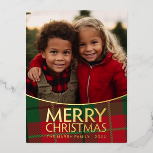 Christmas Photo _ Modern Red Green Plaid _ Gold Foil Holiday Postcard