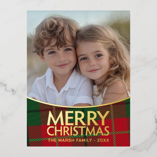 Christmas Photo - Modern Red Green Plaid - Gold Foil Holiday Postcard (Front)