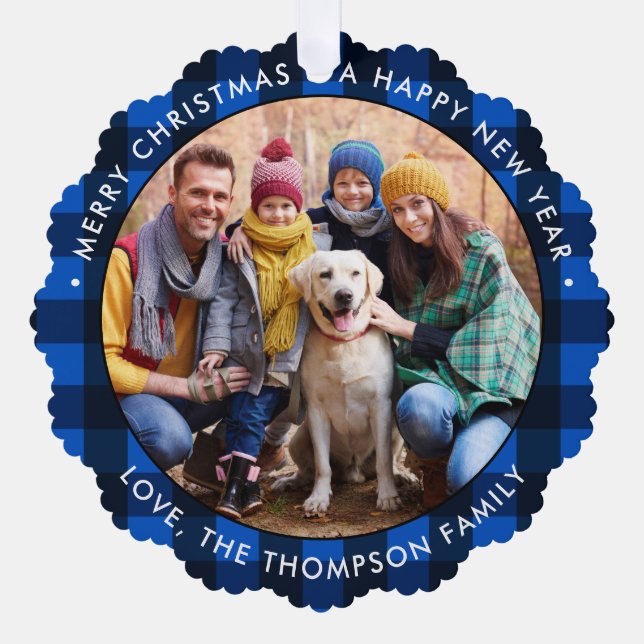 Christmas Photo Modern Round Blue Buffalo Plaid  Ornament Card (Front)