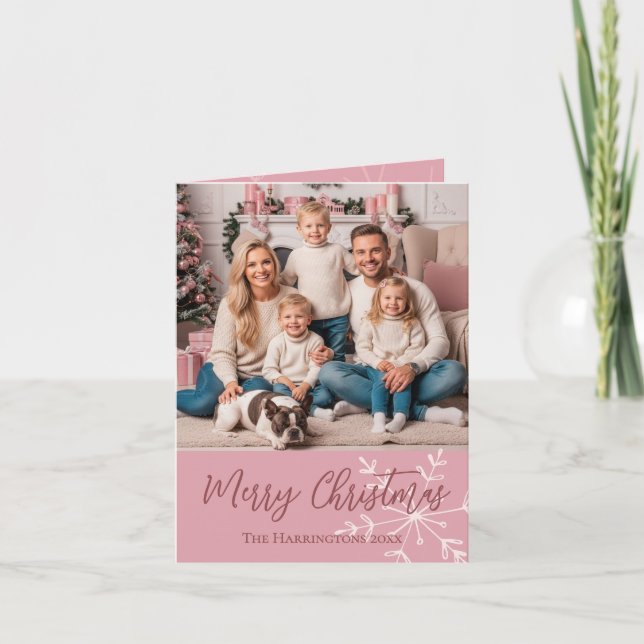 Christmas Photo Name Pink Snowflake Elegant Script Holiday Card (Front)