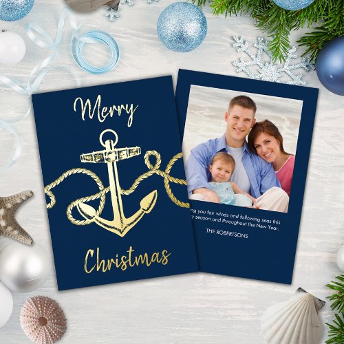 Christmas Photo Nautical Anchor Navy Gold Foil Holiday Card