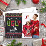 Christmas Photo Nordic Ugly Sweater Fun Chalkboard Holiday Postcard<br><div class="desc">“May all your sweaters be ugly & bright.” Celebrate the holidays in “style” with your ugliest, tackiest Christmas sweaters! On the left side, cute, whimsical trees, reindeer, ornaments, and playful “sweater” typography in red, green and aqua blue, overlay a chalkboard background. Your custom photo is on the right. A tree...</div>