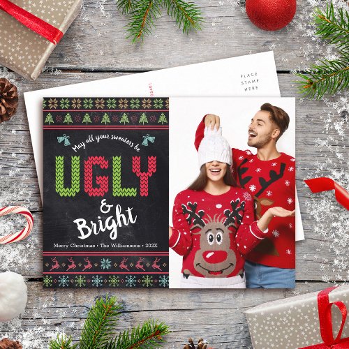 Christmas Photo Nordic Ugly Sweater Fun Chalkboard Holiday Postcard