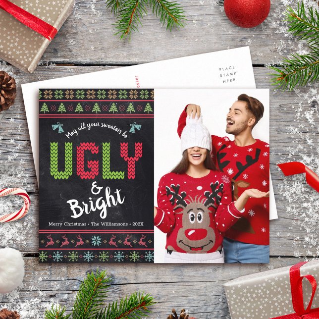 Christmas Photo Nordic Ugly Sweater Fun Chalkboard Holiday Postcard (Creator Uploaded)