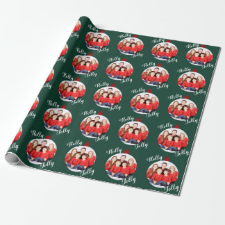 Christmas Photo Ornament + Text Green Wrapping Paper