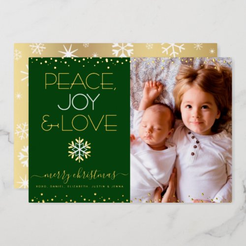 Christmas Photo Peace Joy Love Green Real Gold Foil Holiday Card