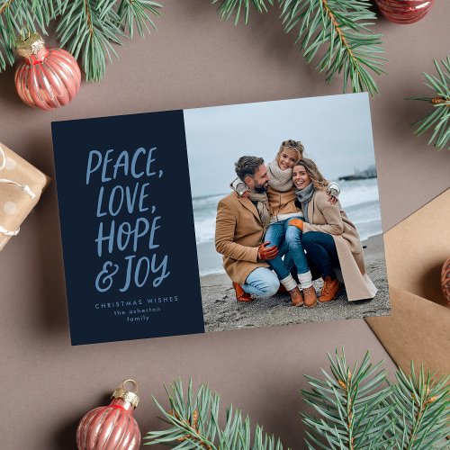 Christmas photo peace love hope joy navy type holiday card