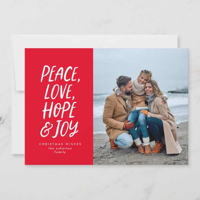 Christmas photo peace love hope joy red holiday card (Front)