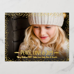 Christmas Photo Peace Love Joy Script Real Gold Foil Holiday Postcard