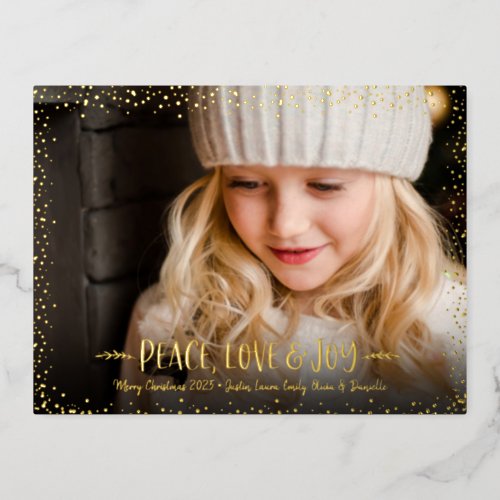 Christmas Photo Peace Love Joy Script Real Gold  Foil Holiday Postcard
